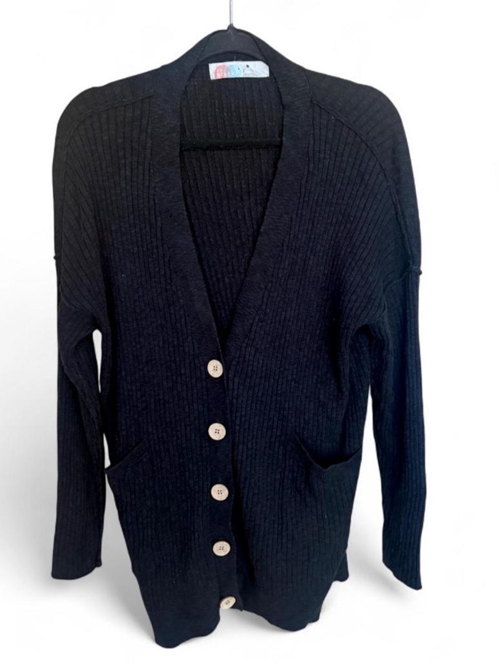 Free People Black Ribbed Button-Front Cardigan